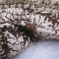 View of Condition of Brown and Ivory Print Silk Dress