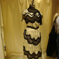 Front View of Cream and Black Printed Silk Dress with Black Lace