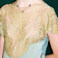 Detail View of Mint Silk Gown with Cream Lace
