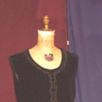 Front View of Black Velvet Sleeveless Dress with Gold Trim