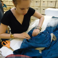 Action view of stabilization sewing on Royal Blue Silk Dress with Tails