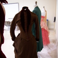Front View of Brown Wool and Velvet Bustle Dress